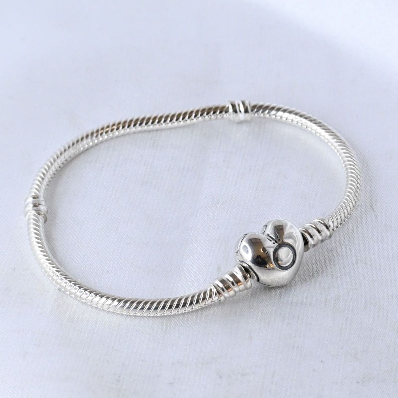 【新品仕上げ】Moments Heart & Snake Chain Bracelet 17cm ブレスレット 美品 パンドラ ハート シルバー925