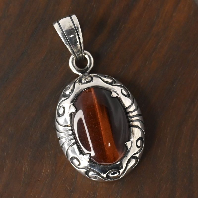 【研磨済】SAAD タイガーアイ 唐草 シルバー925 ペンダントトップ ネックレスチャーム
