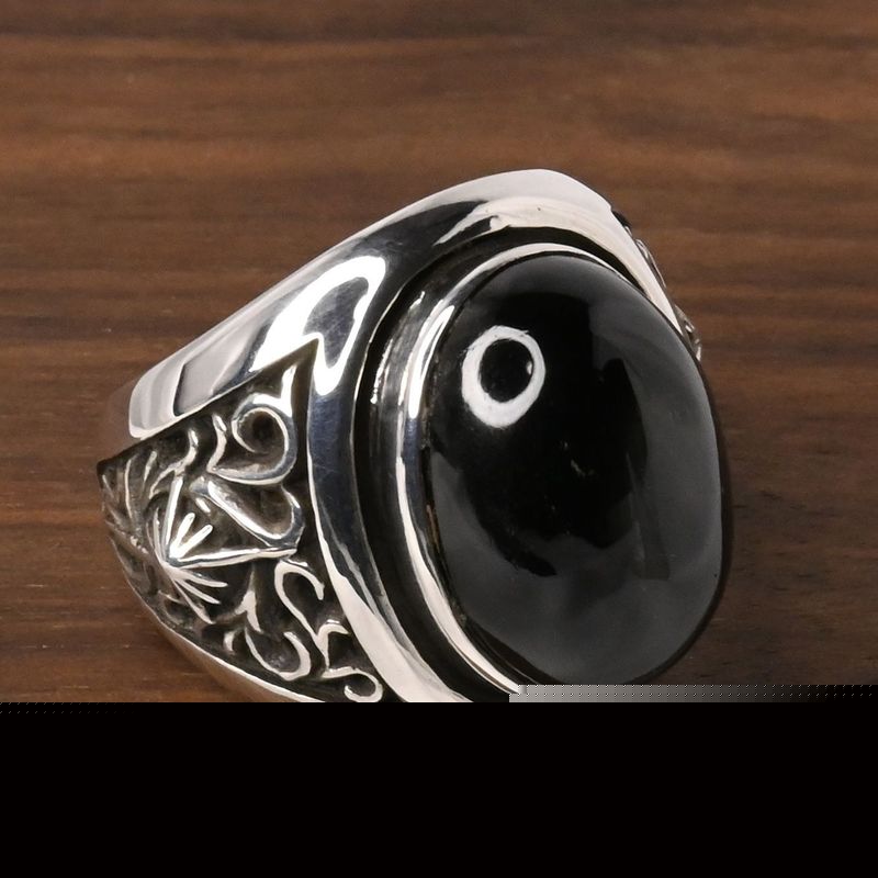 【研磨済】SAAD ブラック ストーン リング 16号 唐草 太陽神 シルバー925 指輪