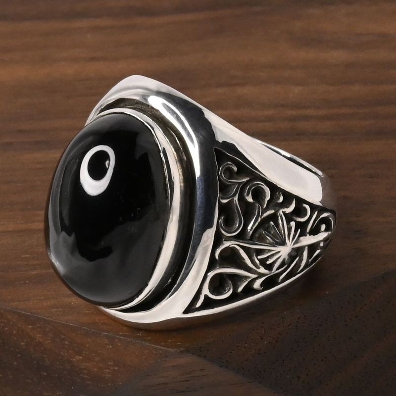 【研磨済】SAAD ブラック ストーン リング 16号 唐草 太陽神 シルバー925 指輪