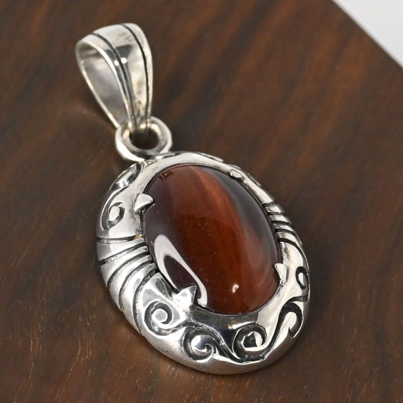 【研磨済】SAAD タイガーアイ 唐草 シルバー925 ペンダントトップ ネックレスチャーム