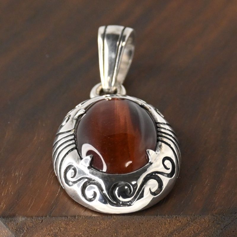 【研磨済】SAAD タイガーアイ 唐草 シルバー925 ペンダントトップ ネックレスチャーム