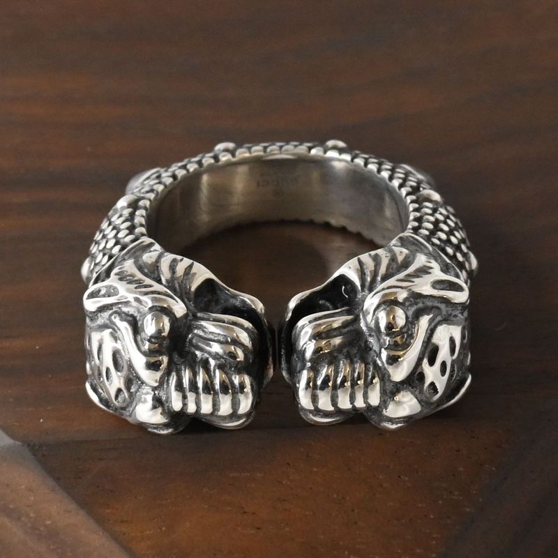 【研磨済】美品 GUCCI ダブル タイガーヘッド リング グッチ 指輪 ツイン パンサー Ag925