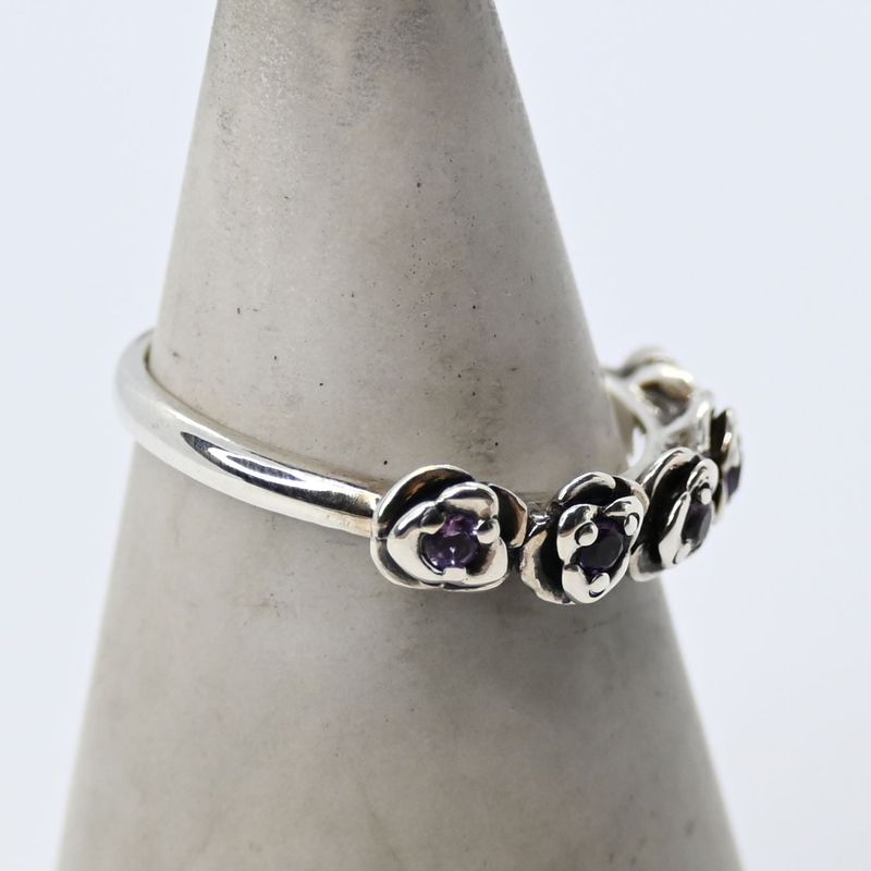 【研磨済】ANNA SUI ローズ パープルストーン リング シルバー 14号 925 美品 アナスイ 指輪