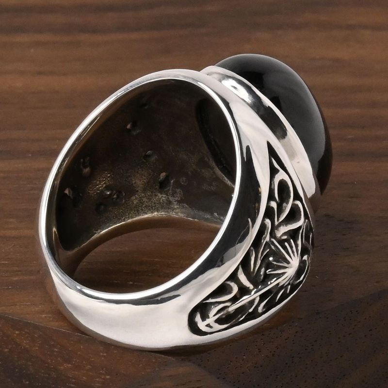 【研磨済】SAAD ブラック ストーン リング 16号 唐草 太陽神 シルバー925 指輪