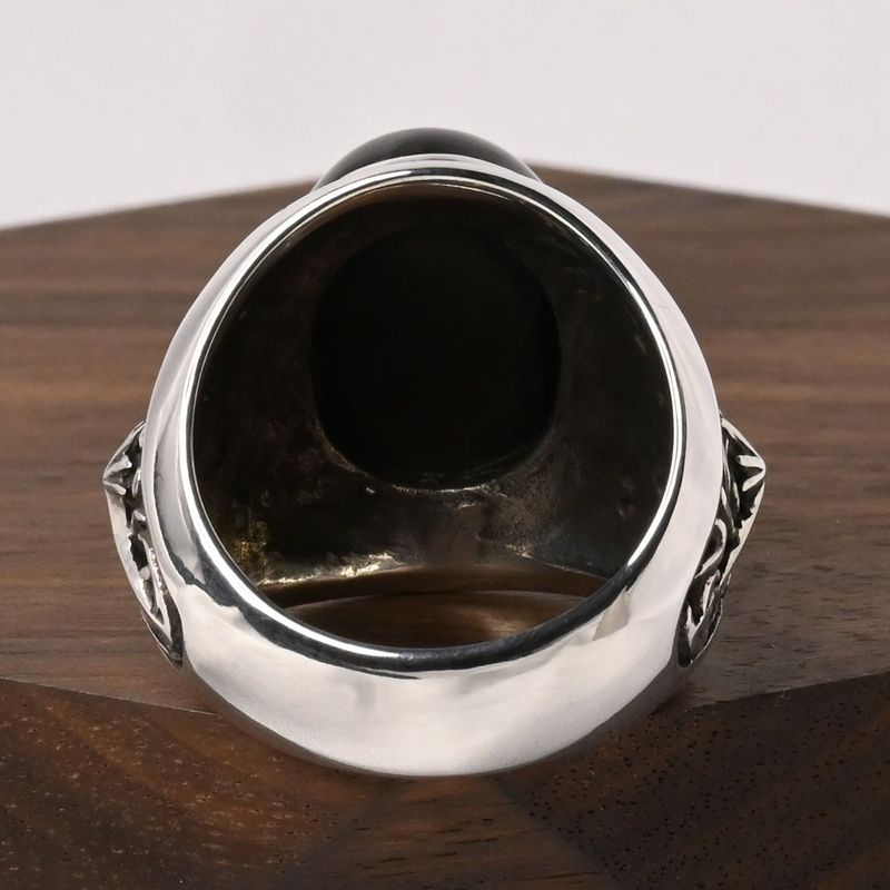 【研磨済】SAAD ブラック ストーン リング 16号 唐草 太陽神 シルバー925 指輪