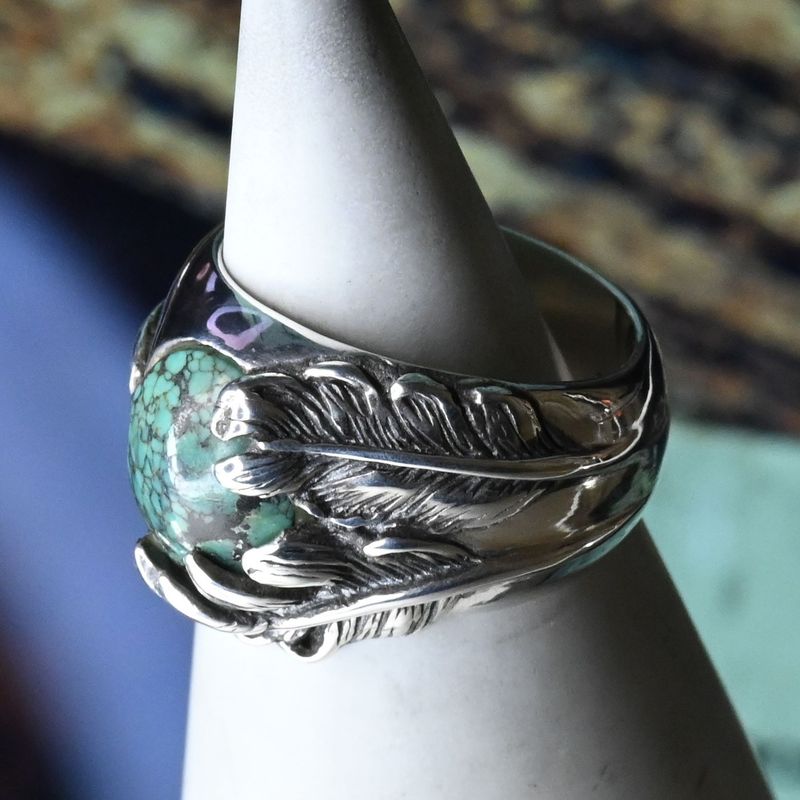 【研磨済】SAAD ターコイズ フェザー リング 17号 シルバー925 指輪