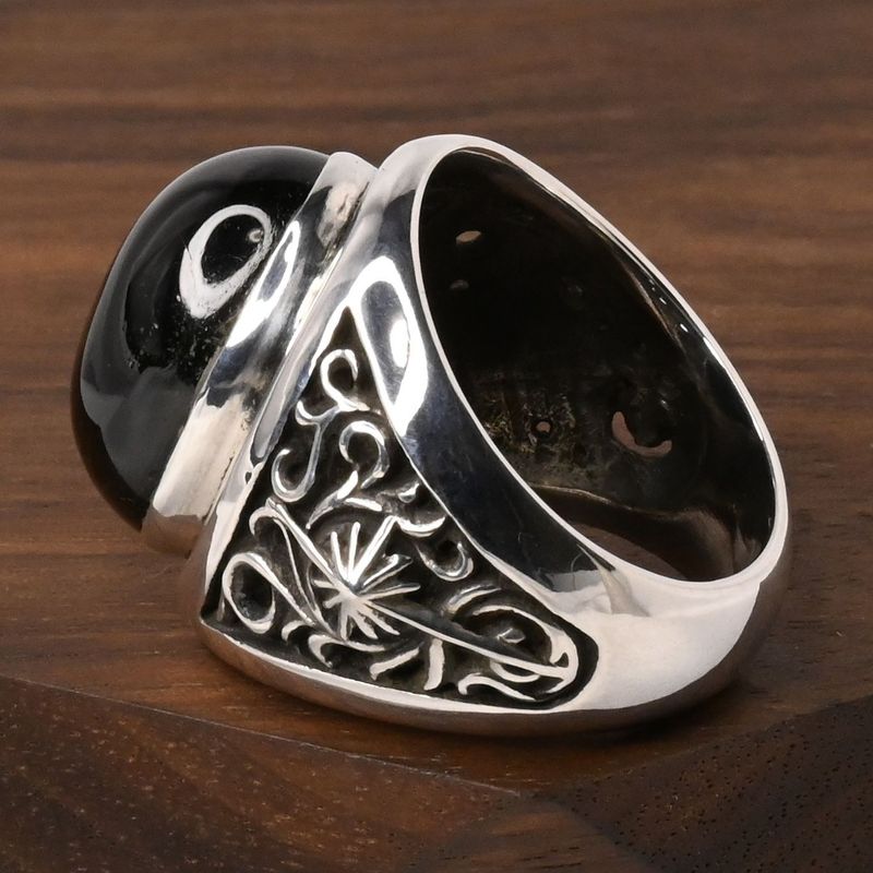 【研磨済】SAAD ブラック ストーン リング 16号 唐草 太陽神 シルバー925 指輪