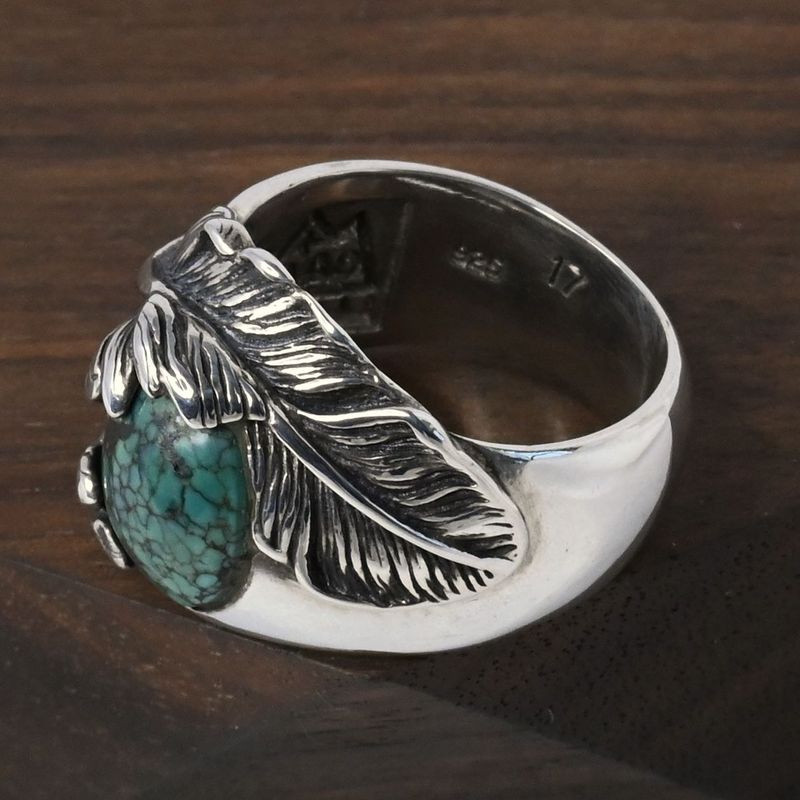 【研磨済】SAAD ターコイズ フェザー リング 17号 シルバー925 指輪