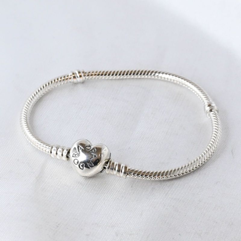 【新品仕上げ】Moments Heart & Snake Chain Bracelet 17cm ブレスレット 美品 パンドラ ハート シルバー925